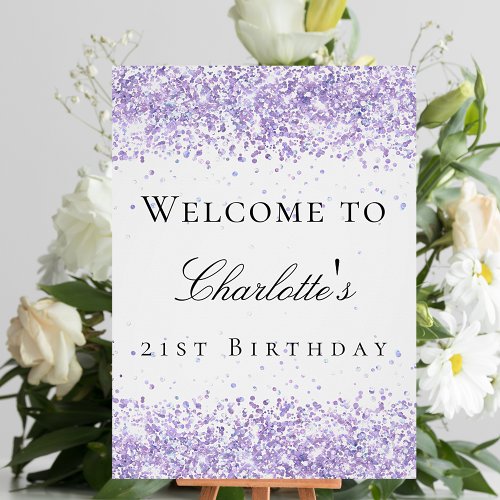 Birthday party violet lavender white glitter name poster