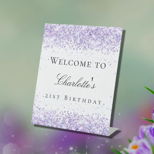 Birthday party violet lavender white welcome pedestal sign