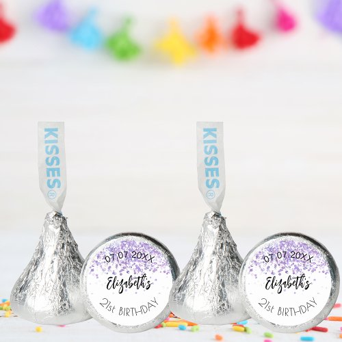 Birthday party violet white cofetti name date hersheys kisses