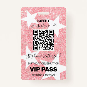Birthday Party VIP PASS Star Pink Glitter Badge