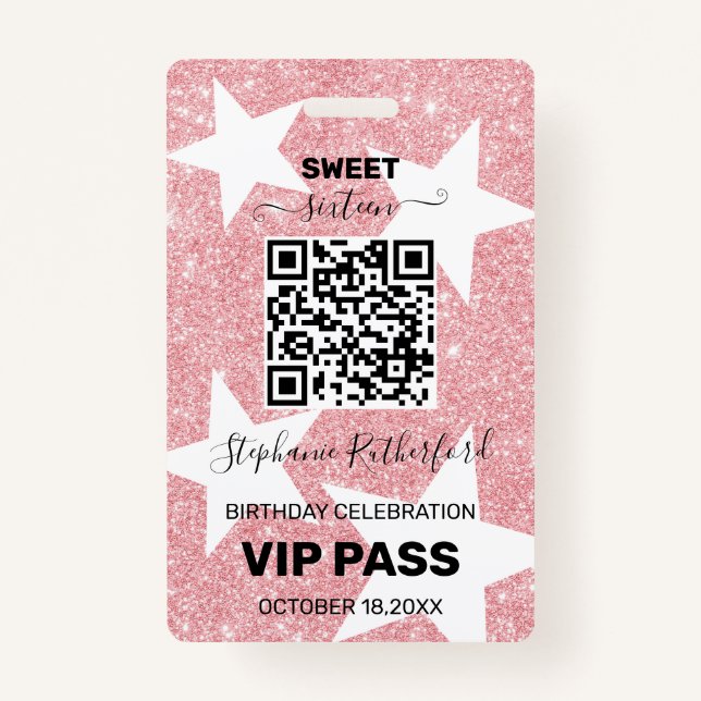 Birthday Party VIP PASS Star Pink Glitter Badge (Front)