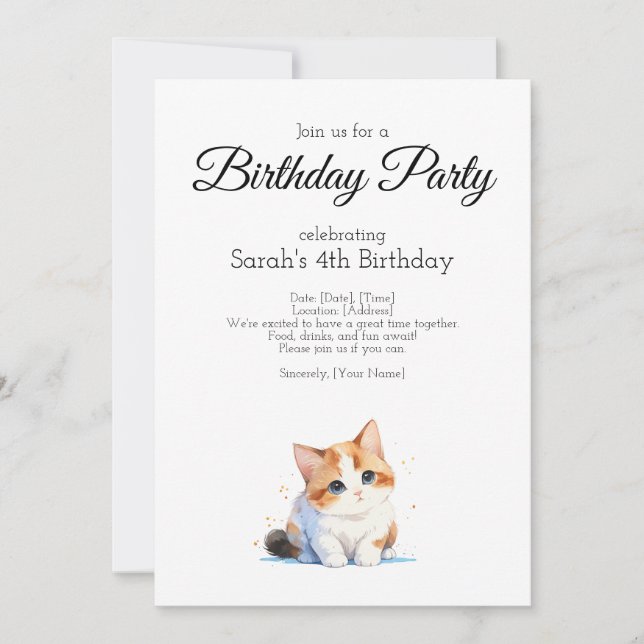 Birthday party, water color baby calico cat invitation (Front)