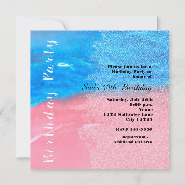BIRTHDAY PARTY Watercolor Blue & Pink Invitation (Front)
