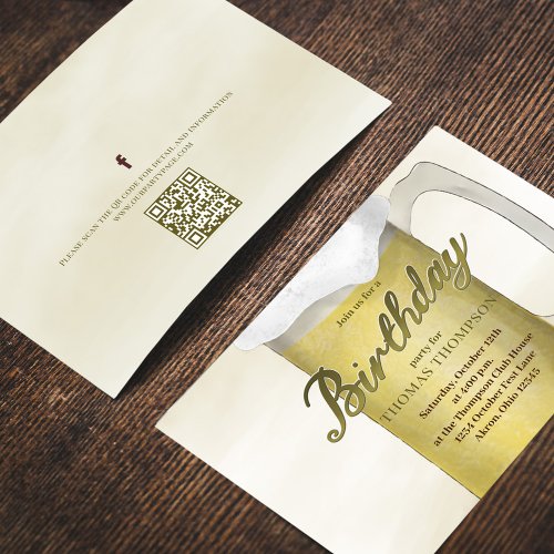 Birthday Party Watercolor Gold Beer QR Code Invitation
