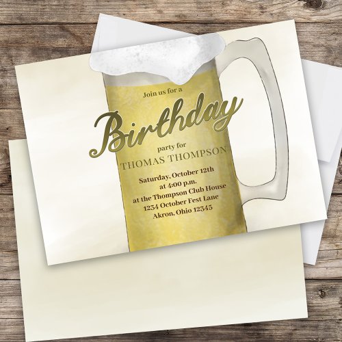 Birthday Party Watercolor Golden Frosty Beer Glass Invitation