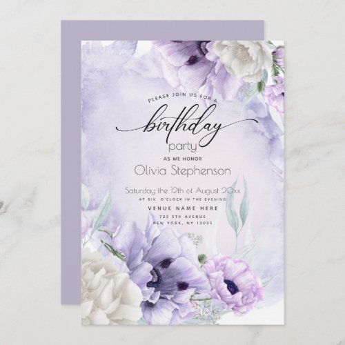 Birthday Party Watercolor Lilac Poppy Invitation