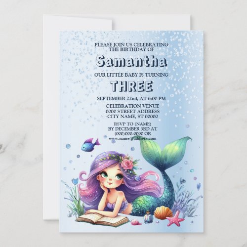 Birthday Party Watercolor Mermaid Sea Life Cute Invitation