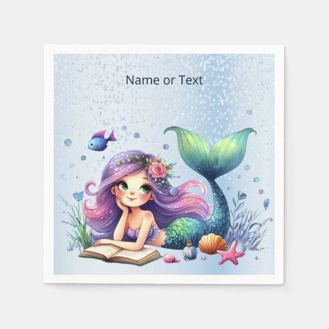 Birthday Party Watercolor Mermaid Sea Life Cute Napkins (Front)