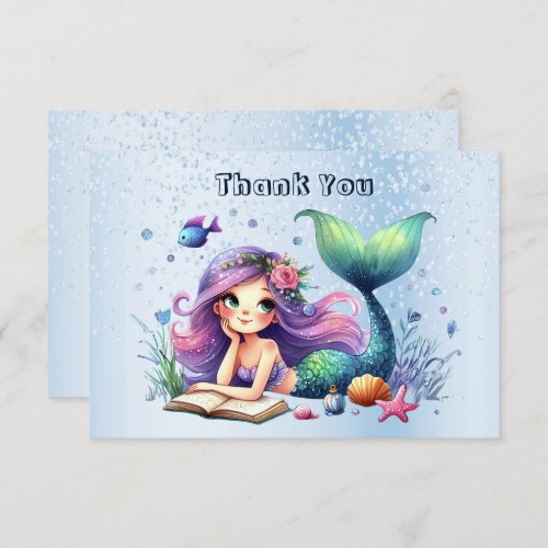 Birthday Party Watercolor Mermaid Sea Life Cute Thank You Card