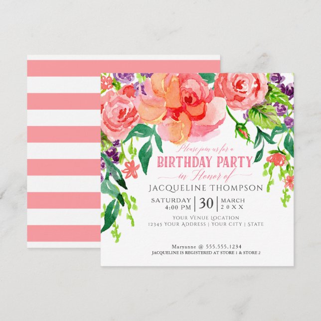 Birthday Party Watercolor Modern Bright Floral Art Invitation (Front/Back)