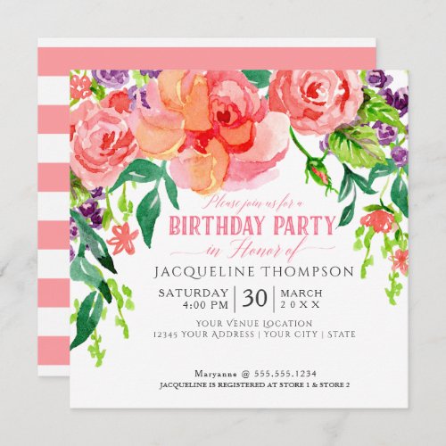 Birthday Party Watercolor Modern Bright Floral Art Invitation