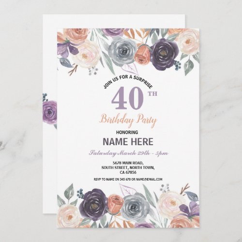 Birthday Party Watercolor Peach Purple Cream Invitation