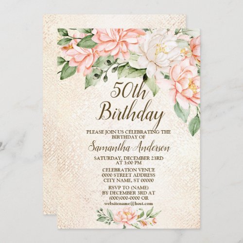 Birthday Party Watercolor Peach White Flowers Invitation