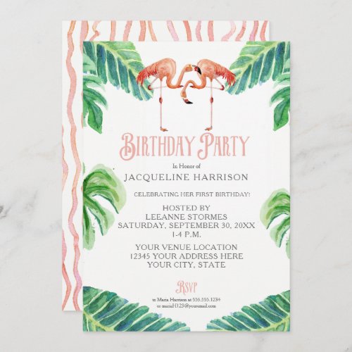 Birthday Party Watercolor Pink Flamingo Leaves Invitation