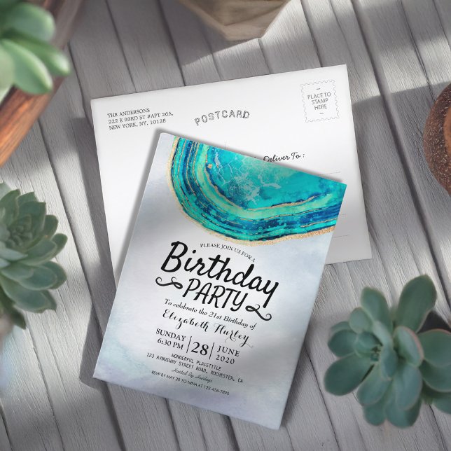 Birthday Party Watercolor Teal & Gold Agate Geode Invitation Postcard (Creator Uploaded)