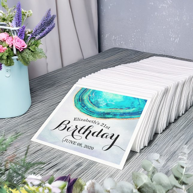 Birthday Party Watercolor Teal & Gold Agate Geode Napkins (Creator Uploaded)