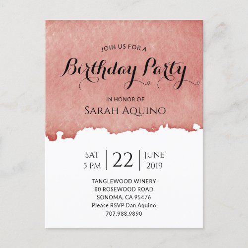 Birthday Party Watercolor Wine Stain Winery Invitation Postcard
