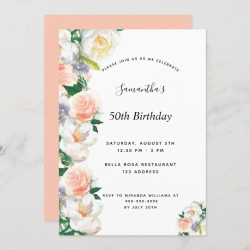Birthday party watercolored florals white coral invitation