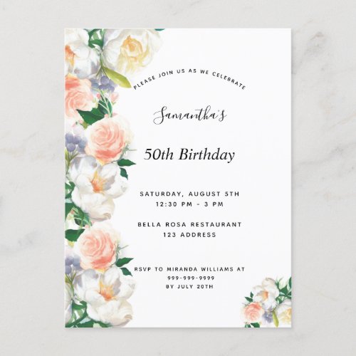 Birthday party watercolored florals white coral invitation postcard