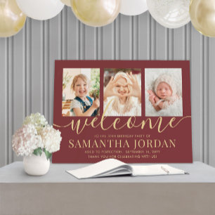 Birthday Party Welcome 3 Photo Burgundy and Gold Foam Board