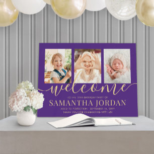 Birthday Party Welcome 3 Photo Purple and Gold Foam Board