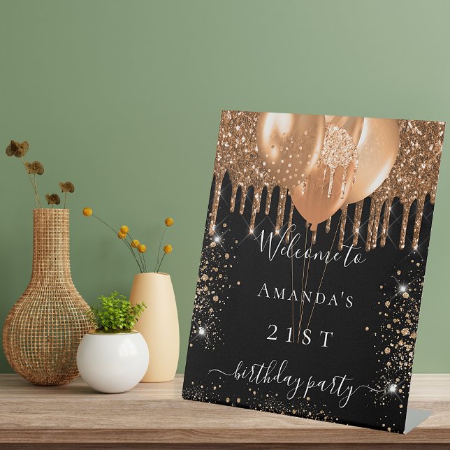 Birthday party welcome black gold glitter drips  pedestal sign (Creator Uploaded)