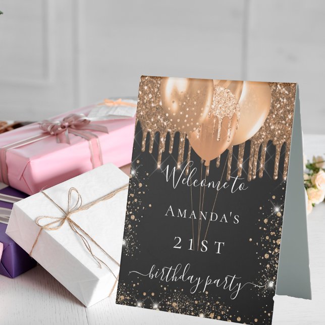 Birthday party welcome black gold glitter drips table tent (Creator Uploaded)