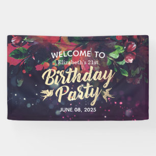 Birthday Party Welcome Marsala Floral Purple Light Banner