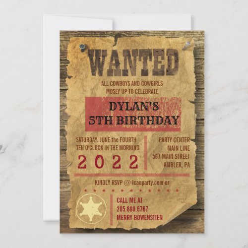 BIRTHDAY PARTY WESTERN WILD WEST WANTED Invitation