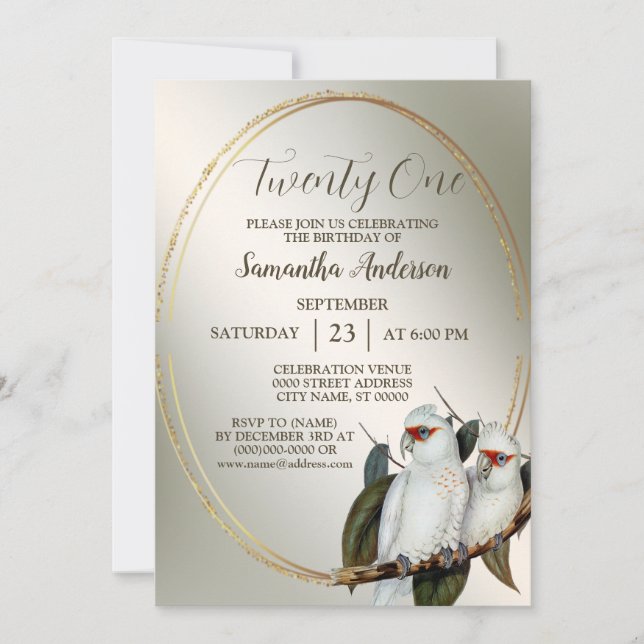 Birthday Party White Birds Cockatoo Green Leaves Invitation (Front)