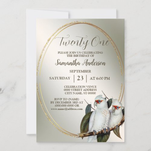 Birthday Party White Birds Cockatoo Green Leaves Invitation