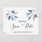 Birthday party white blue botanical save the date postcard (Front/Back)