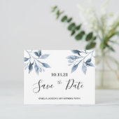 Birthday party white blue botanical save the date postcard (Standing Front)