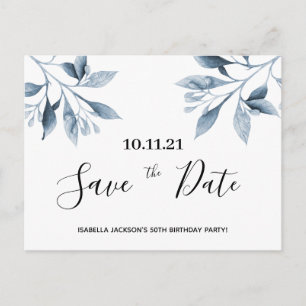 Birthday party white blue botanical save the date postcard