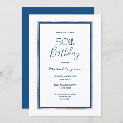 Birthday party white blue silver minimalist invitation