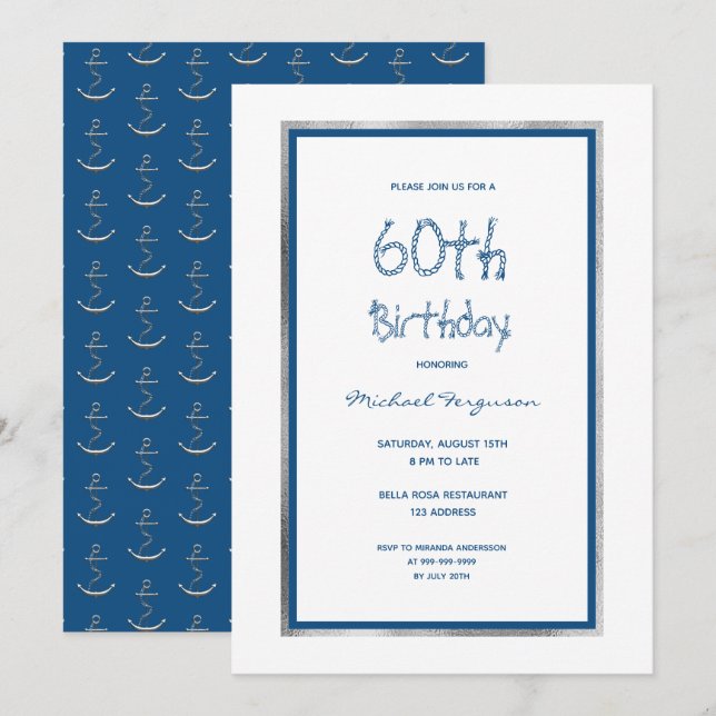 Birthday party white blue silver nautical invitation (Front/Back)
