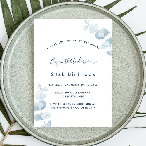 Birthday party white dusty blue eucalyptus invitation postcard