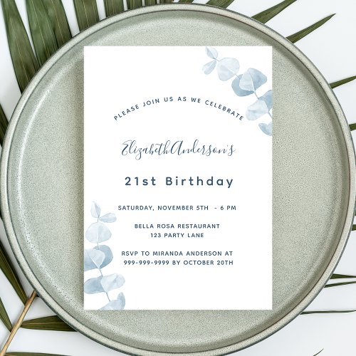 Birthday party white dusty blue eucalyptus luxury invitation