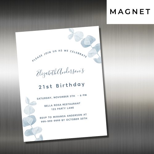 Birthday party white dusty blue eucalyptus luxury magnetic invitation