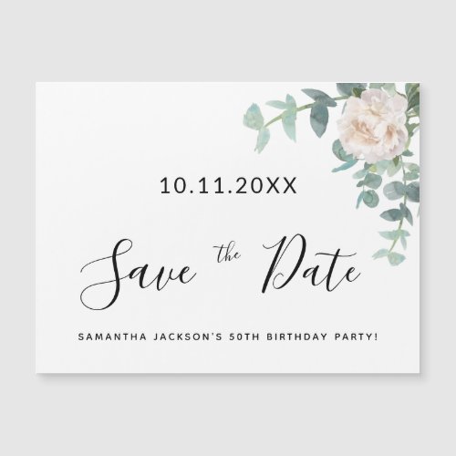 Birthday party white floral greenery save the date