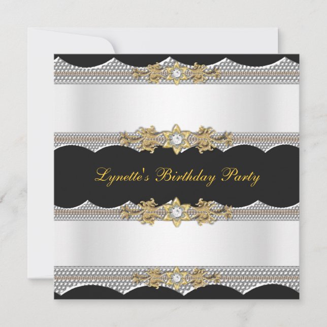 Birthday Party White Gold Black Silver Diamond Invitation (Front)