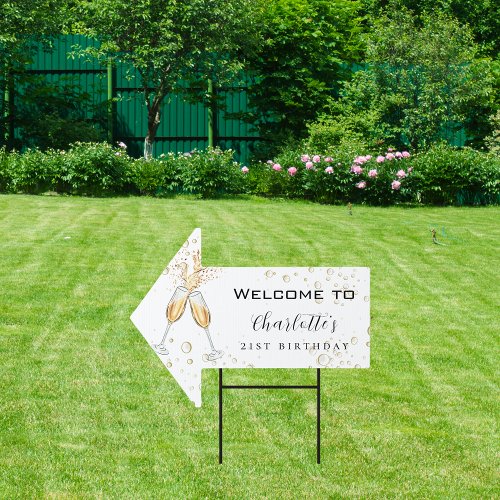 Birthday party white gold bubbles name arrow sign