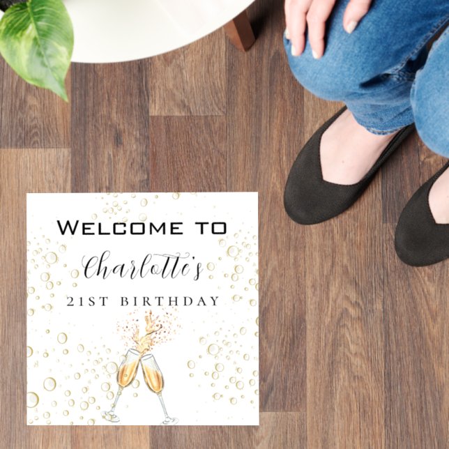 Birthday party white gold bubbles name welcome floor decals (Floor)