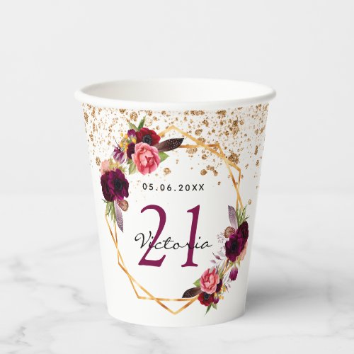 Birthday party white gold burgundy florals glitter paper cups