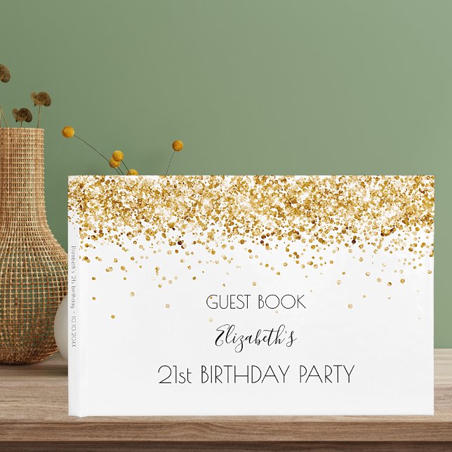 Birthday party white gold confetti name guest book (Creator Uploaded)