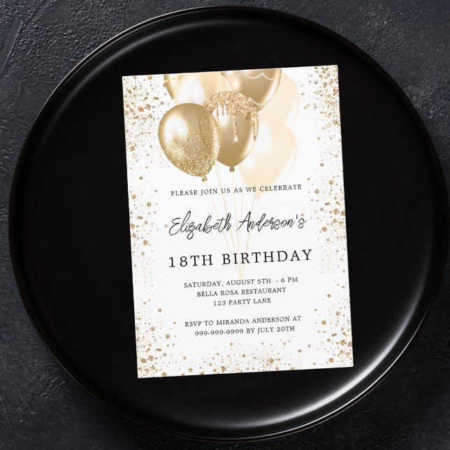 Birthday party white gold glitter balloons invitation (Creator Uploaded)