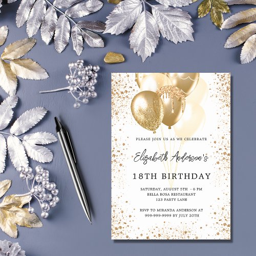 Birthday party white gold glitter balloons invitation postcard