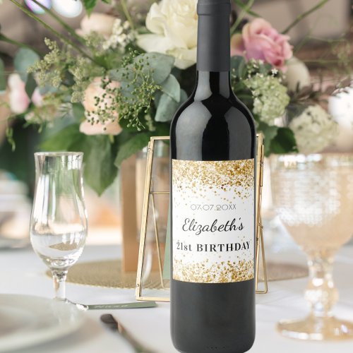 Birthday party white gold glitter dust name wine label