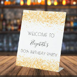 Birthday party white gold glitter dust welcome pedestal sign<br><div class="desc">A sign for a girly and glamorous 50th (or any age) birthday party.  A white background witt faux gold glitter dust. Personalize and add a text,  name and age 50. The name is written with a modern hand lettered style script.</div>
