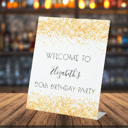 Birthday party white gold glitter dust welcome pedestal sign